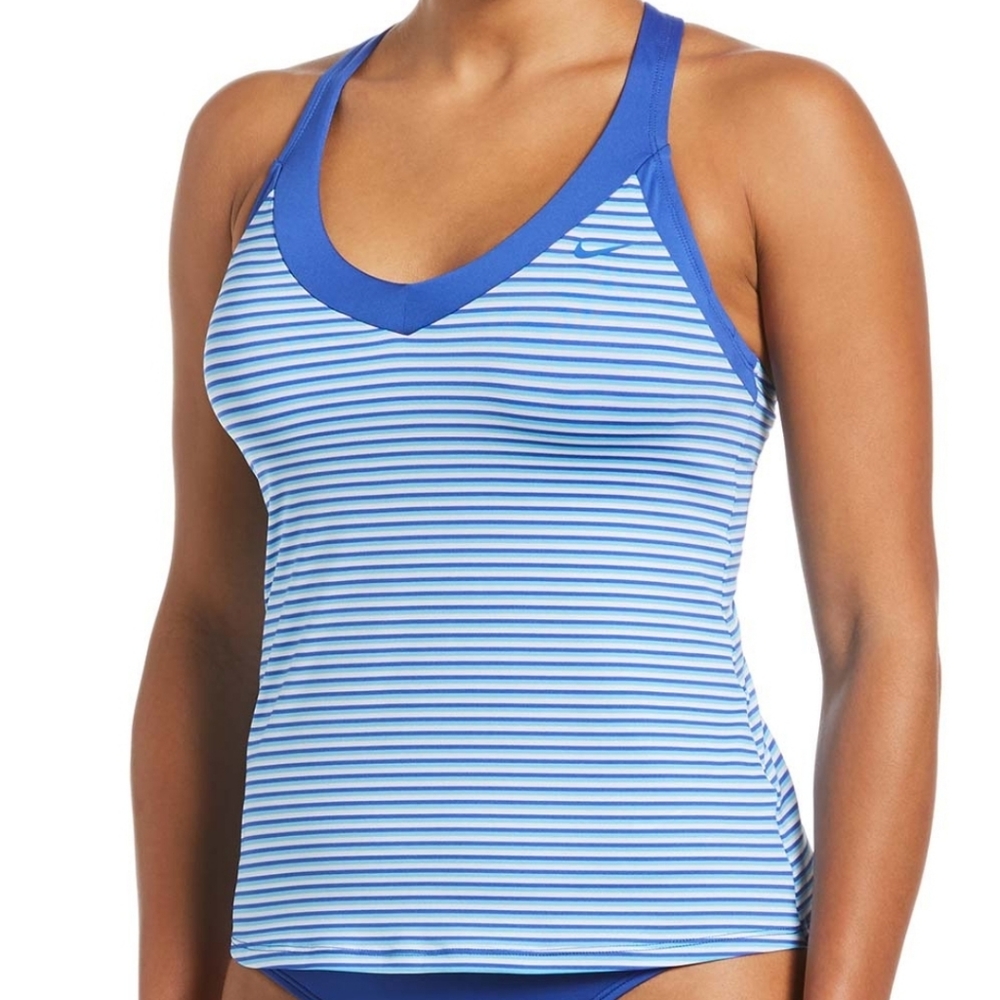 Nike Chlorine Resistant Stripe V Neck Padded Tankini Swim Top Womens Medium M